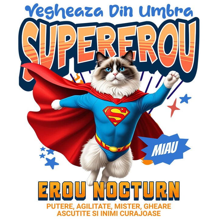 Sticker cu Ragdoll Pisica In Costum de SuperMan cu Pelerina, Erou Nocturn, Desene animate, Copii, Iubitorii de Animale cu Margini Albe, PVC Vinyl 10 cm
