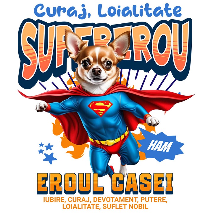 Sticker cu Chihuahua Caine In Costum de SuperMan cu Pelerina, Erou Nocturn, Desene animate, Copii, Iubitorii de Animale cu Margini Albe, PVC Vinyl 10 cm