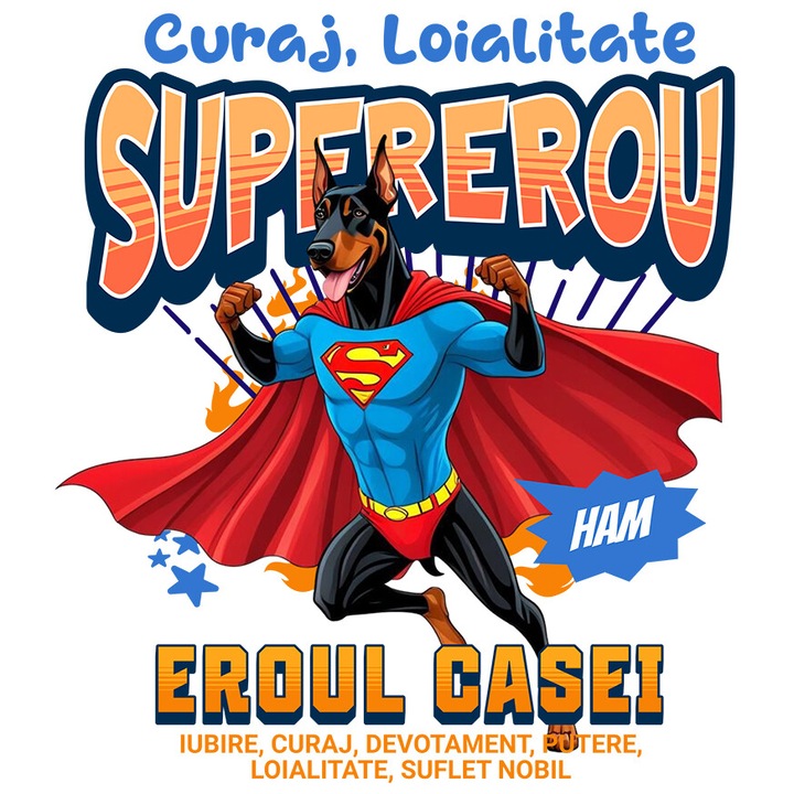 Sticker cu Doberman Pinscher Caine In Costum de SuperMan cu Pelerina, Erou Nocturn, Desene animate, Copii, Iubitorii de Animale cu Margini Albe, PVC Vinyl 40 cm