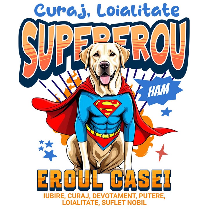 Sticker cu Labrador Retriever Caine In Costum de SuperMan cu Pelerina, Erou Nocturn, Desene animate, Copii, Iubitorii de Animale cu Margini Albe, PVC Vinyl 10 cm