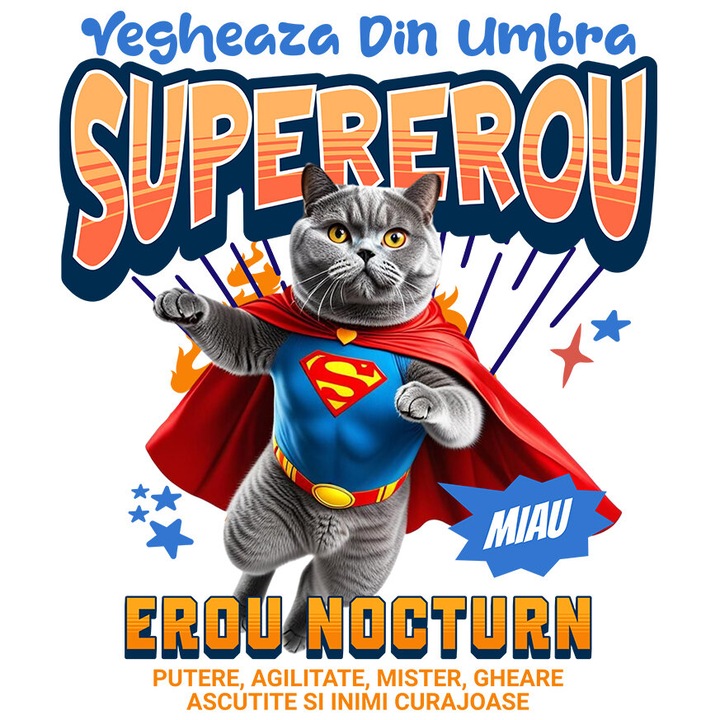 Sticker cu British Shorthair Caine In Costum de SuperMan cu Pelerina, Erou Nocturn, Desene animate, Copii, Iubitorii de Animale cu Margini Albe, PVC Vinyl 10 cm