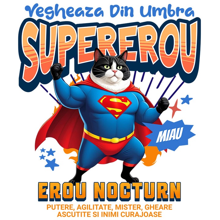 Sticker cu Scottish Fold Caine In Costum de SuperMan cu Pelerina, Erou Nocturn, Desene animate, Copii, Iubitorii de Animale cu Margini Albe, PVC Vinyl 70 cm