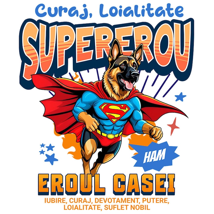 Sticker cu Ciobanesc German / German Shepherd Caine In Costum de SuperMan cu Pelerina, Erou Nocturn, Desene animate, Copii, Iubitorii de Animale cu Margini Albe, PVC Vinyl 15 cm