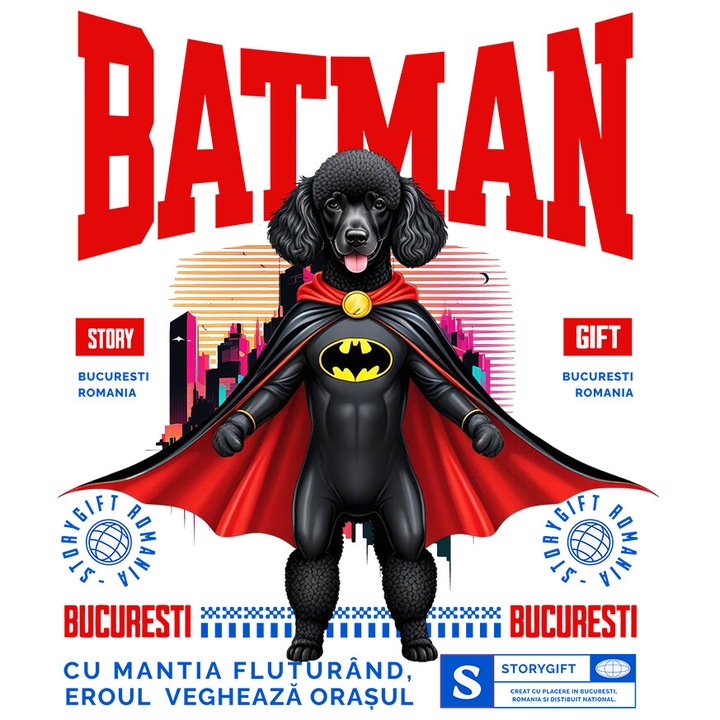 Sticker cu Pudel / Poodle Caine In Costum de BatMan cu Pelerina, Erou Nocturn, Desene animate, Copii, Iubitorii de Animale cu Margini Albe, PVC Vinyl 10 cm