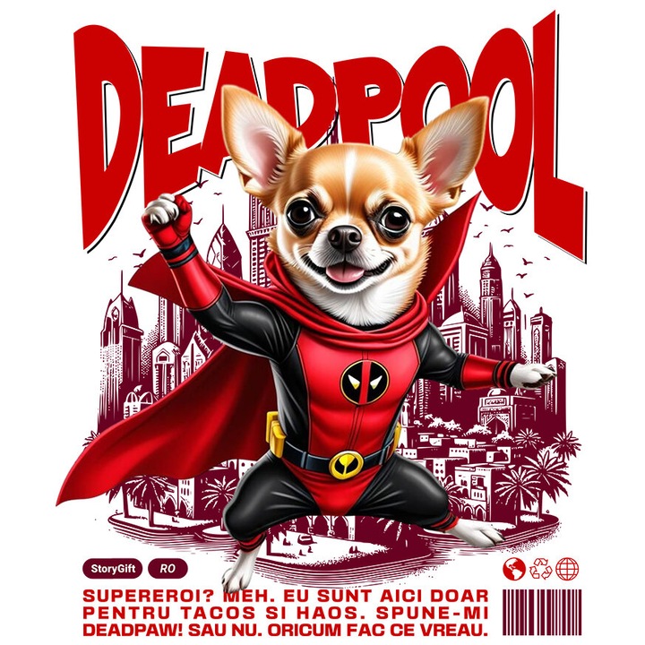 Sticker cu Chihuahua Caine In Costum de DeadPool cu Pelerina, Erou Nocturn, Desene animate, Copii, Iubitorii de Animale cu Margini Albe, PVC Vinyl 10 cm