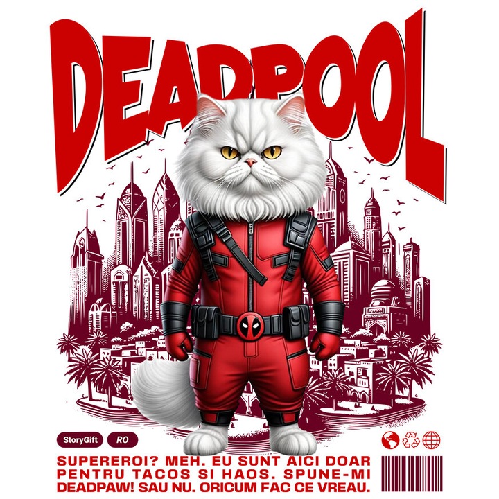 Sticker cu Persan / persian Pisica In Costum de DeadPool cu Pelerina, Erou Nocturn, Desene animate, Copii, Iubitorii de Animale cu Margini Albe, PVC Vinyl 40 cm