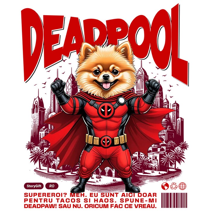 Sticker cu pomeranian Caine In Costum de DeadPool cu Pelerina, Erou Nocturn, Desene animate, Copii, Iubitorii de Animale cu Margini Albe, PVC Vinyl 10 cm