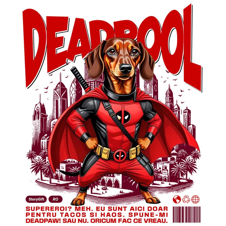 Sticker cu Teckel / Dachshund Caine In Costum de DeadPool cu Pelerina, Erou Nocturn, Desene animate, Copii, Iubitorii de Animale cu Margini Albe, PVC Vinyl 70 cm