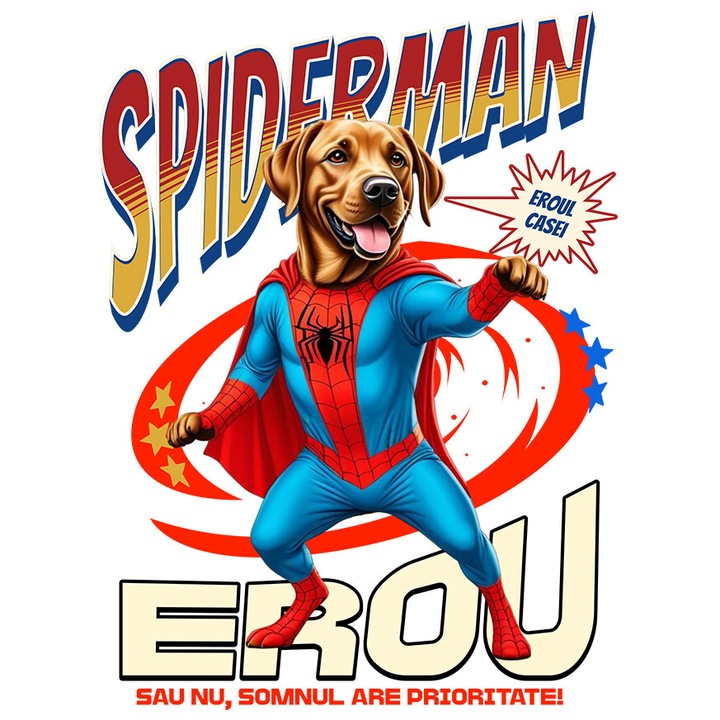Sticker cu Labrador Retriever Caine In Costum de SpiderMan cu Pelerina, Erou Nocturn, Desene animate, Copii, Iubitorii de Animale cu Margini Albe, PVC Vinyl 15 cm