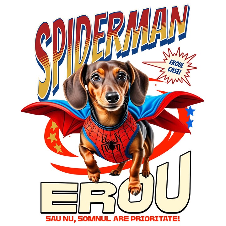 Sticker cu Teckel / Dachshund Caine In Costum de SpiderMan cu Pelerina, Erou Nocturn, Desene animate, Copii, Iubitorii de Animale cu Margini Albe, PVC Vinyl 90 cm