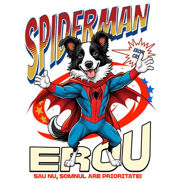 Sticker cu Border Collie Caine In Costum de SpiderMan cu Pelerina, Erou Nocturn, Desene animate, Copii, Iubitorii de Animale cu Margini Albe, PVC Vinyl 10 cm