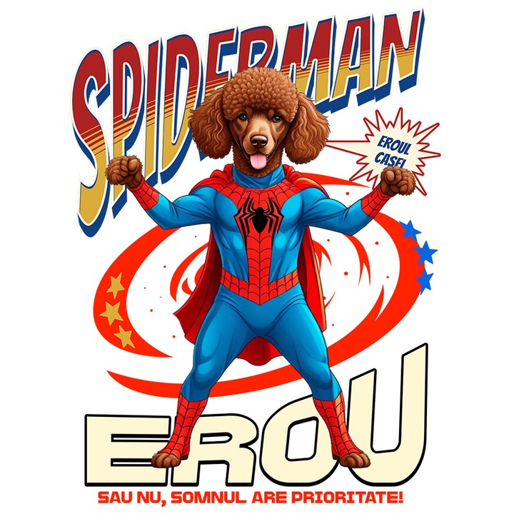 Sticker cu Pudel / Poodle Caine In Costum de SpiderMan cu Pelerina, Erou Nocturn, Desene animate, Copii, Iubitorii de Animale cu Margini Albe, PVC Vinyl 40 cm