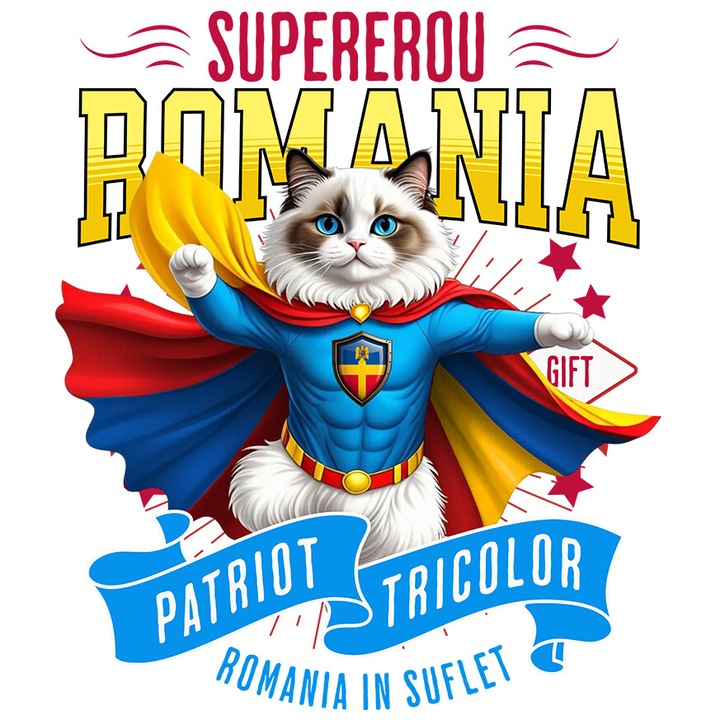 Sticker cu Ragdoll Pisica In Costum de Capitan Romania cu Pelerina, Erou Nocturn, Desene animate, Copii, Iubitorii de Animale cu Margini Albe, PVC Vinyl 70 cm