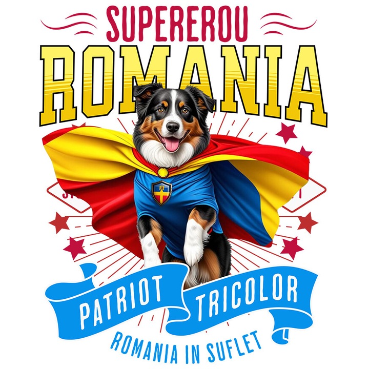 Sticker cu Ciobanesc Australian / Australian Shepherd Caine In Costum de Capitan Romania cu Pelerina, Erou Nocturn, Desene animate, Copii, Iubitorii de Animale cu Margini Albe, PVC Vinyl 70 cm