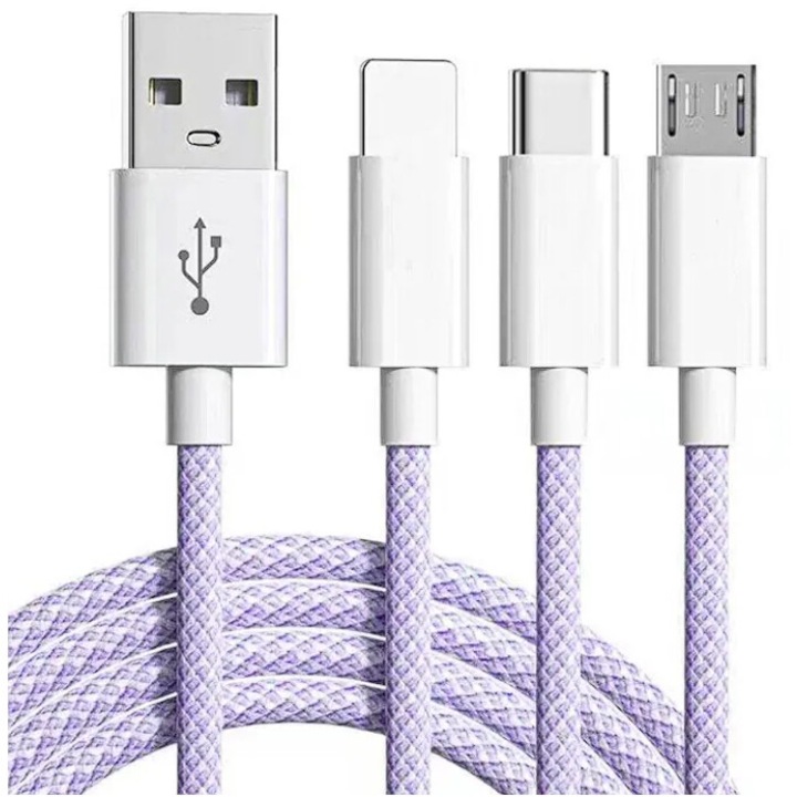 Cablu de date si incarcare rapida 3 in 1, 66W, USB, Type-C, Lightning, Micro-USB, 1.2m, mov