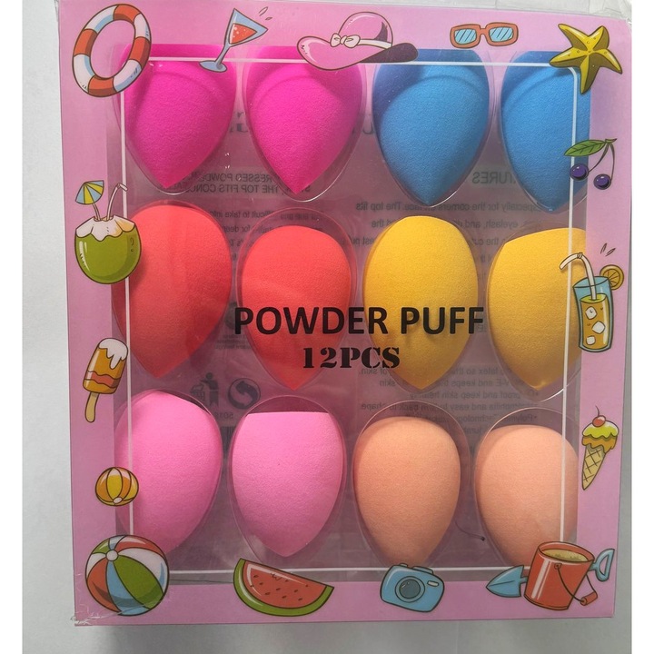 Set 12 X bureti machiaj CLINO din microfibra, fara latex, non-abrazivi, pentru aplicarea machiajului tip fondului de ten, utilizare umeda si uscata, Multicolor