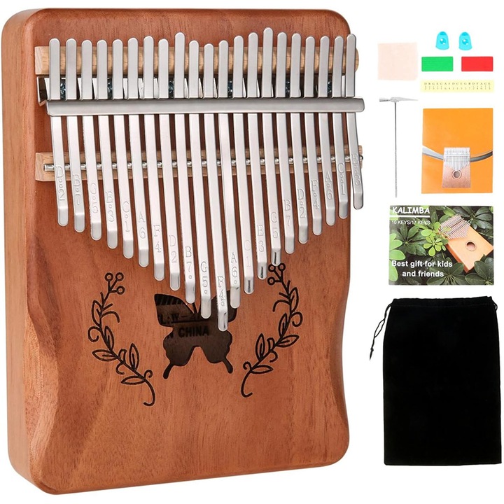 Pian de degete, Rqiurpn, 21 clape, Cu geanta de depozitare, ciocan de acordaj si carpa de curatare, Ideal pentru incepatori si copii, culoare maro deschis