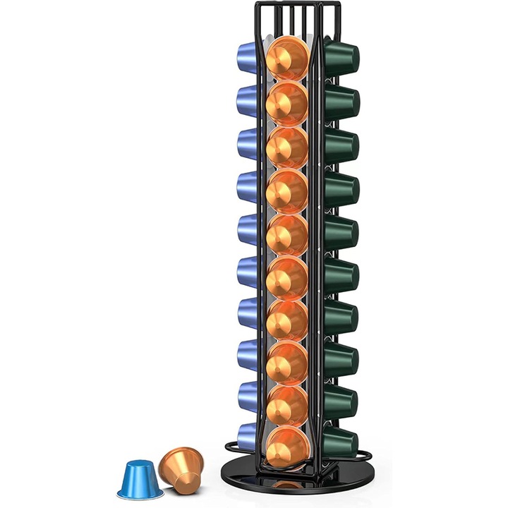 Модерен държач за капсули за кафе, Rqiurpn, 40 капсули, въртящ се, метален, вертикален, черен