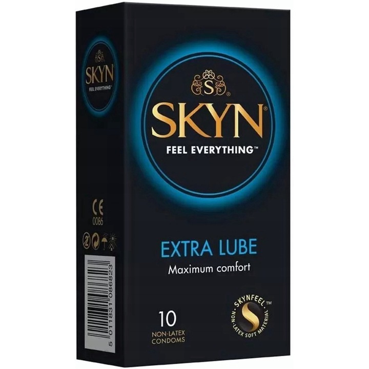 Prezervative, Skyn, Extra lubrifiant, Fara latex, Transparent, 10 bucati, Latime 53 mm, Polizopren, Material inovator, Ultra subtiri, Testate dermatologic