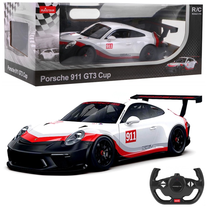 Masina R/C cu telecomanda, Rastar, Porsche 911 GT3 CUP, 1:14, 32.7x14.3x9.3cm, Multicolor