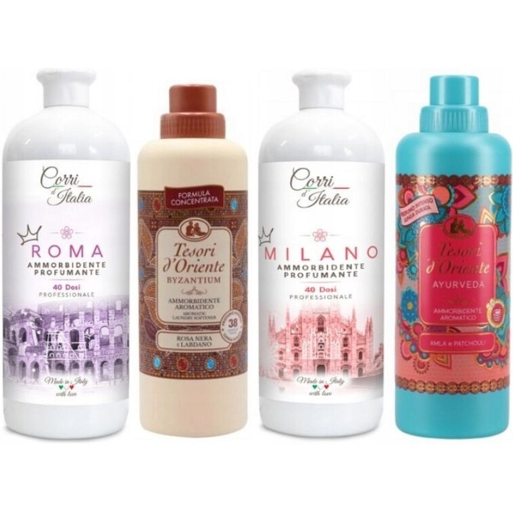 Комплект 4x Балсам за пране Corri d'Italia и Tesori d'Oriente, Roma 1L, Milano 1L, Ayurveda 760ml, Byzantium 760ml