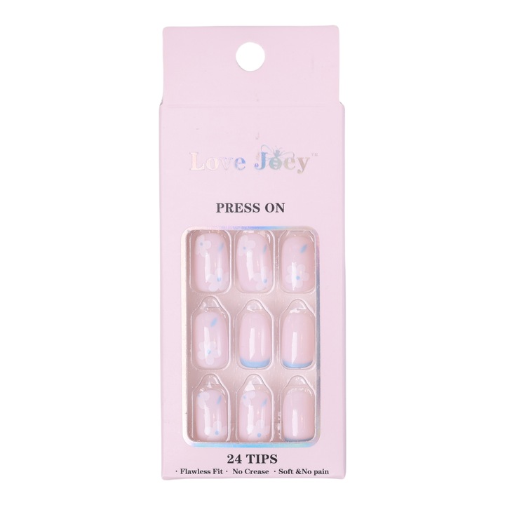 Unghii false LOVE JOEY, form patrata, alb cu flori roz, set