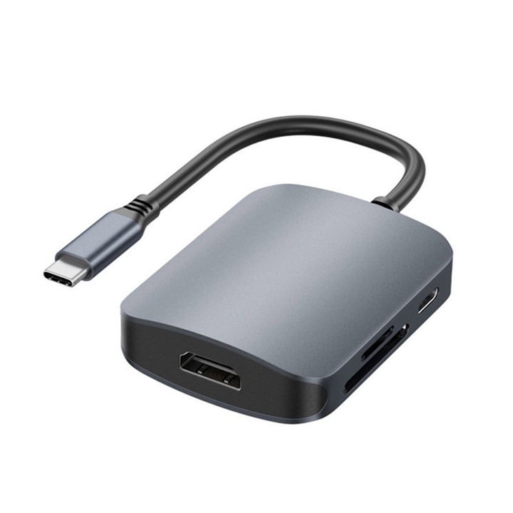 USB Type-C 6 в 1 хъб, HDMI 4K@30Hz, SD/TF, PD 100W, USB 3.0 5Gbps, алуминиев корпус