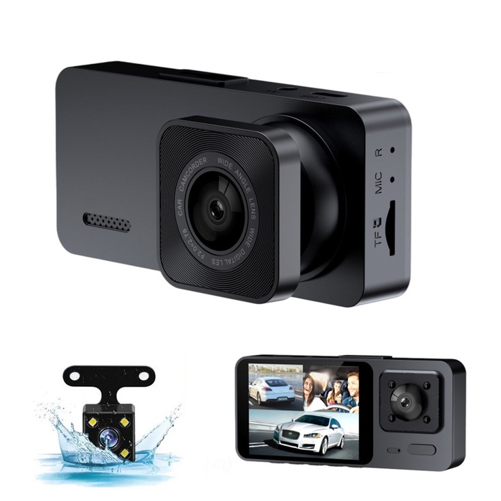 Camera auto DVR 3 lentile, FULL HD 1080P, 2.0 LCD, inregistrare continua, vizibilitate excelenta noaptea, Senzor G detecteaza coliziunile si salveaza automat inregistrari, unghi de filmare 170, monitorizare parcare, pentru taxi