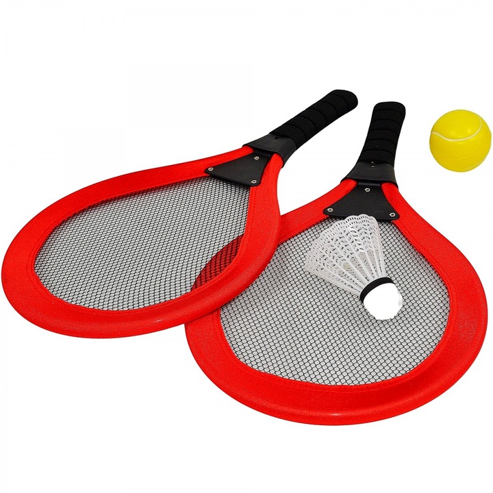 Set 2 Rachete si Minge Tenis/Badminton, Enero, 43x23cm, rosu/negru
