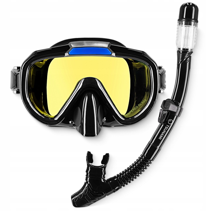 Masca de tub de respirat, Tsunami, ideala pentru snorkelling, material silicon, PP, dimensiuni ochelari 16.5x10.5 cm, lungime tub 48 cm, sticla intarita si protectie UV, dimensiune universala, potrivita pentru tineri si batrani, greutate set 480g, negru