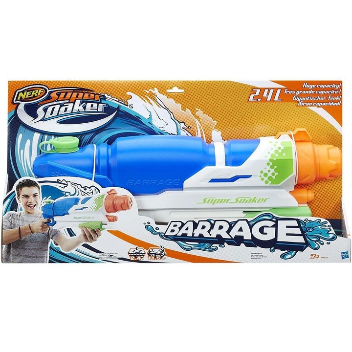 Воден пистолет Nerf Super Soaker Barrage, 54 см, зелен и бял, 2,4 литра, 3 режима на пръскане