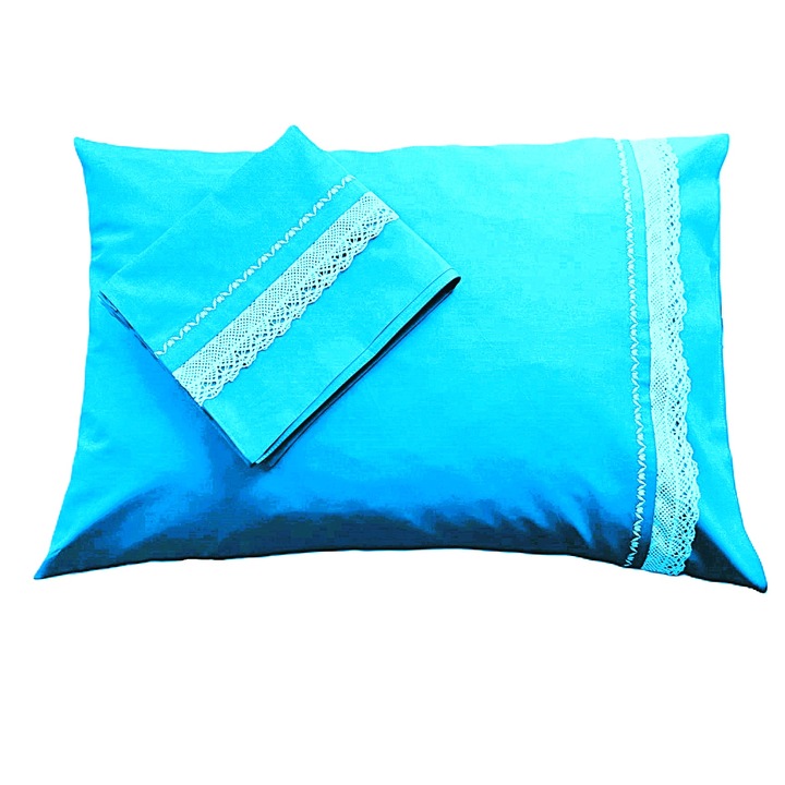 Комплект от 2 х Калъфка за възглавница с бродирани детайли, 40 см х 80 см, Casa Bucuriei, рустик модел, тюркоазено синьо/кремаво/златно, 100% памук, две страни