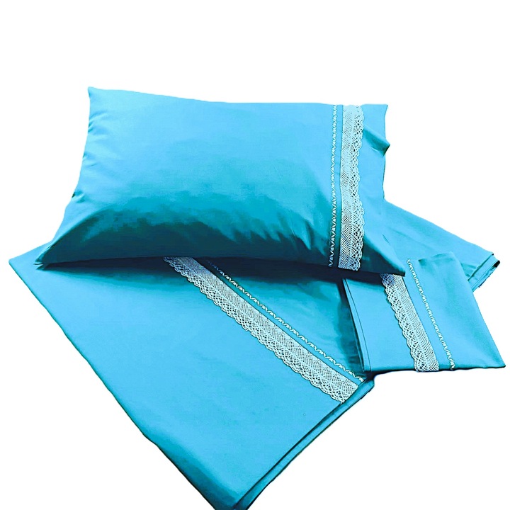 Единичен комплект спално бельо, Casa Bucuriei, модел Рустик, 4 части, тюркоазено синьо/кремаво/златно, 100% памук, чаршаф 180/250 см, плик за завивка 150/220 см