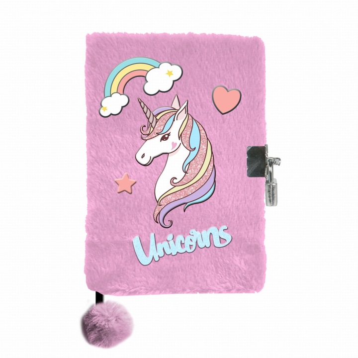 Плюшен дневник PASO, А5, 80 стр., еднорози, с катинарче