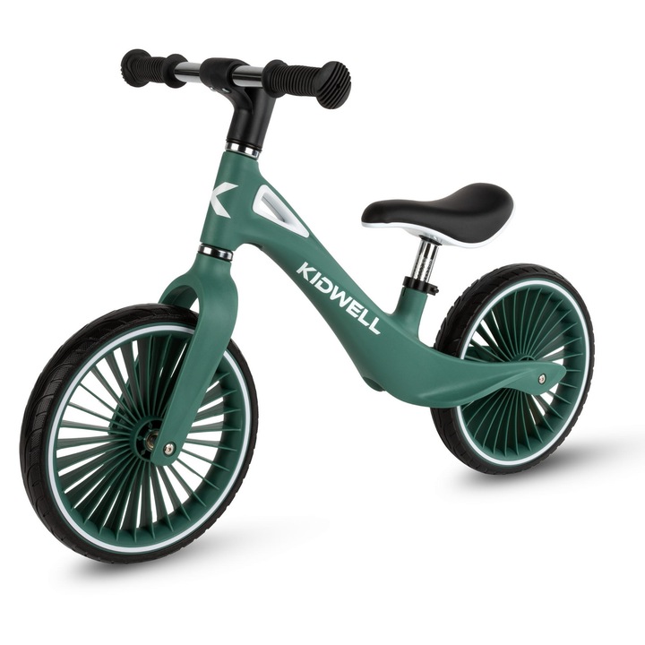 Bicicleta de echilibru fara pedale pentru copii, Kidwell NIX Green, 3.05 kg, roti PU 29 cm, reglabila, 80–120 cm, max. 30 kg