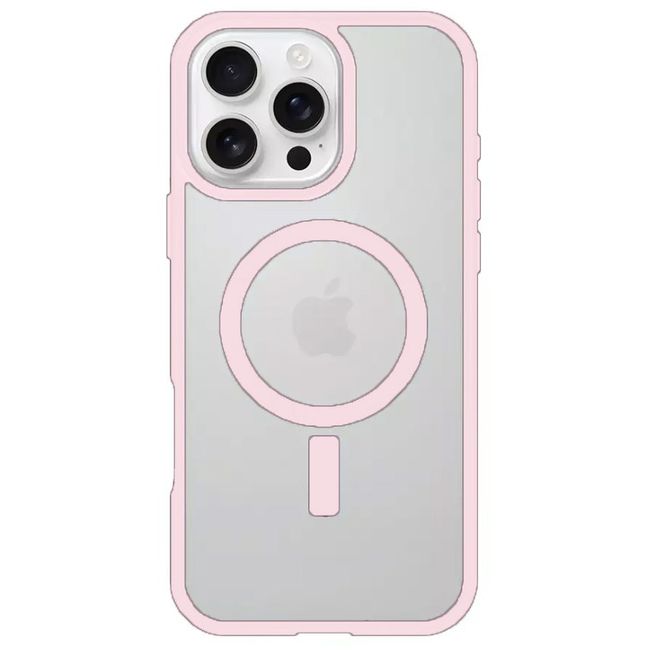 MagSafe tok, kompatibilis Apple iPhone 15 Pro Max készülékkel, Polikarbonát hátlap, MagSafing Charge Fusion, Mágneses indukciós gyűrű, Szilikon keretvédelem, Megemelt élek, Vezeték nélküli töltés, Átlátszó / Halvány rózsaszín