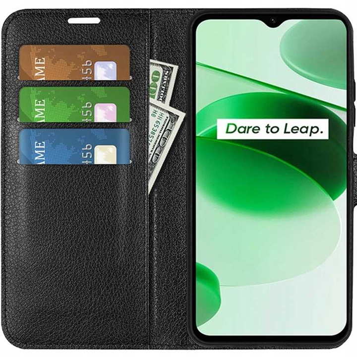 Калъф Litchi wallet за Realme C35/Narzo 50A Prime, черен, със стойка за гледане на видео, отделения за карти и пари