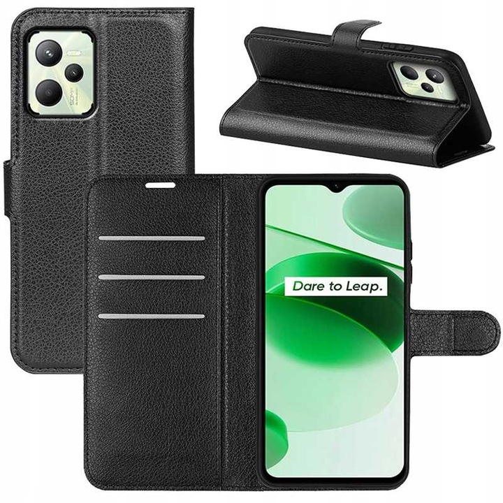 Калъф Litchi wallet за Realme C35/Narzo 50A Prime, черен, със стойка за гледане на видео, отделения за карти и пари