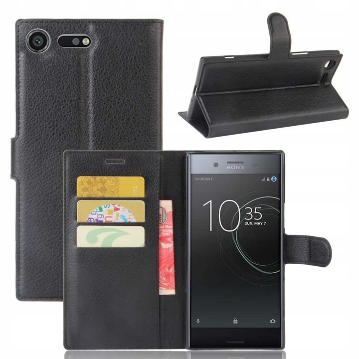 Husa skorzane z klapka do Sony Xperia XZ Premium, portfolio Litchi kieszonki na karte i gotowke, stylowa skora ecologiska, zamykane na magnes, orodne na wstrzasy, elegnicne, klasyczne black
