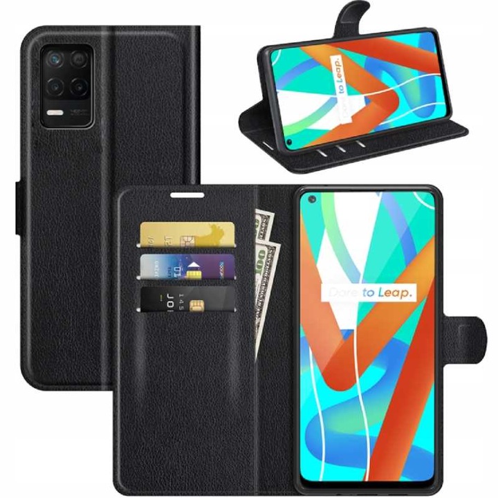 Калъф Litchi wallet за Realme 8 5G/Narzo 30 5G, черен, със стойка за гледане на видео, отделения за карти и документи