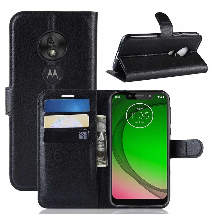 Този калъф за телефон е за Motorola Moto G7 Play, портфейл с цип за карти и мивка, екологичен калъф за телефон, магнитно изолиран, удароустойчив, стилен, класически черен