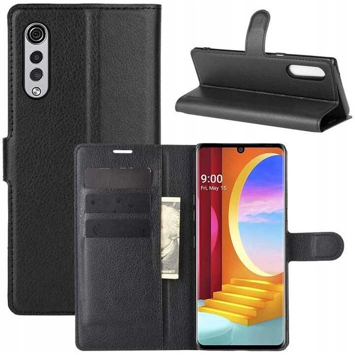 Etui portfel Litchi pentru LG Velvet, negru, cu suport pentru vizionare video, compartimente pentru carduri si bani