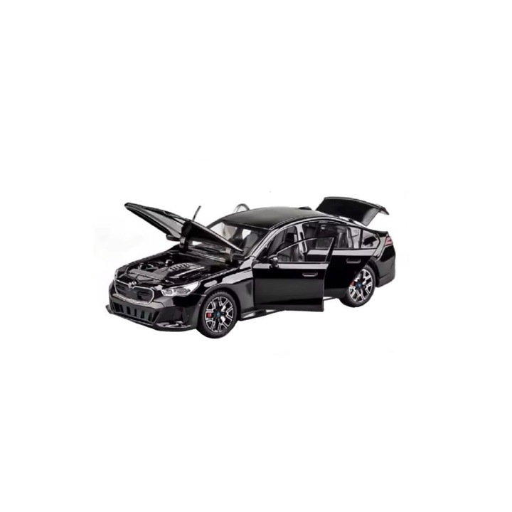 Masinuta metal mecanica, tip BMW I5 M60, scara 1:24, sunete, usi mobile, capota mobila, portbagaj mobil, barlad, negru, 20 cm