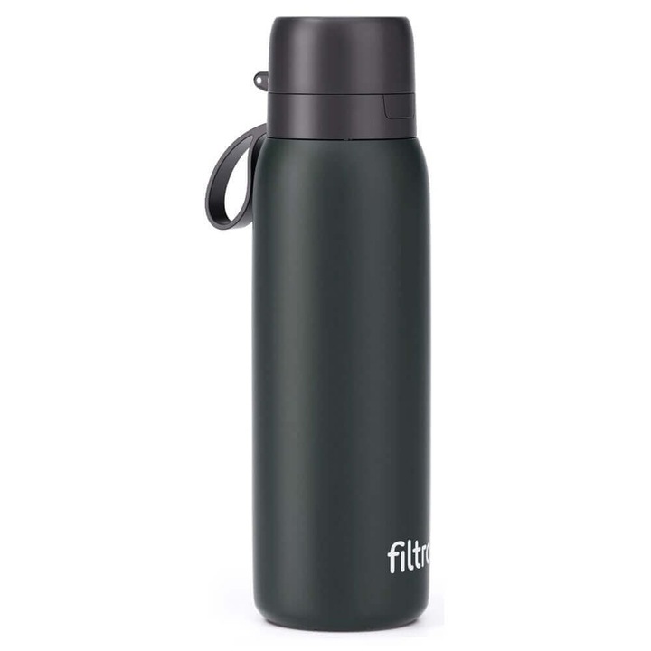 Termos cu cartus carbon activ, THERMO PURE 740 CB, perete dublu cu vacuum pentru etansare optima pentru 12 ore, finisaj negru