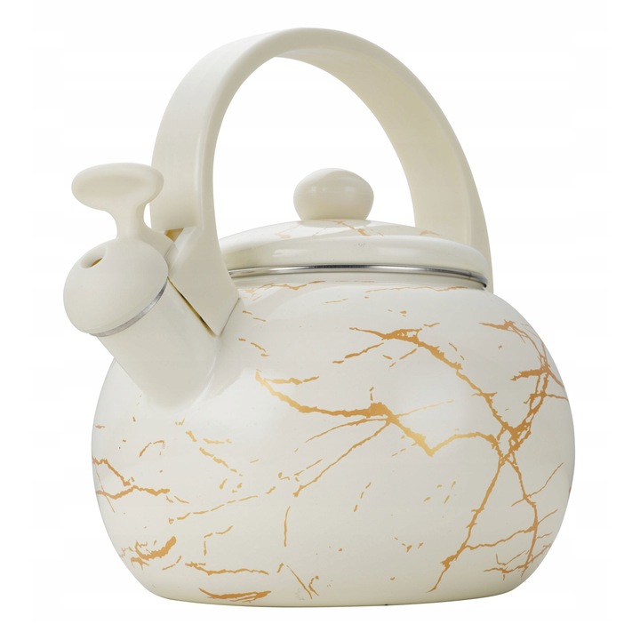 Fütyülős Teáskanna, Masterpan, 2.2 L, Indukciós és Gáz Tűzhelyhez, Retro, Zománcozott, Szénacél, Fehér és Arany