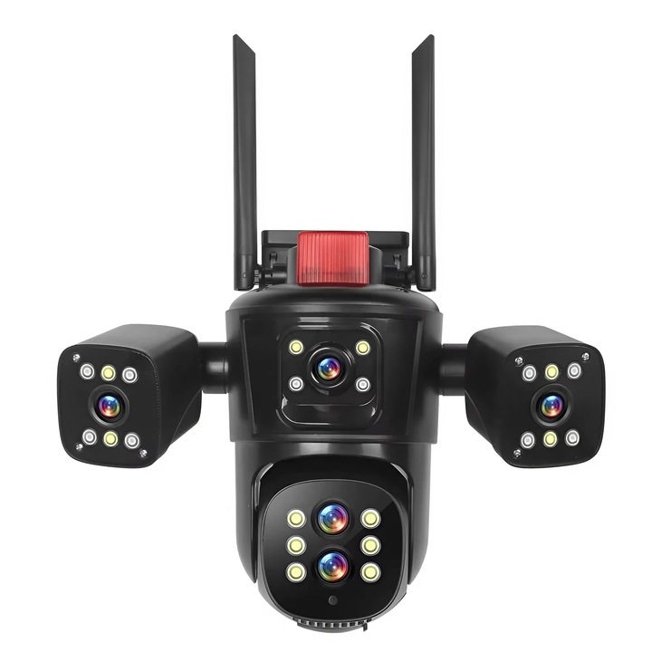 PTZ камера за наблюдение, 10X увеличение, 355° панорама, 90° наклон, Full HD, Разпознаване на хора, Автоматично следене, Пълноцветен нощен режим, IP66 устойчивост, Cloud/SD 128GB съхранение, 24/7 пълен мониторинг, Гиксиран обектив, Смарт управление, Черен