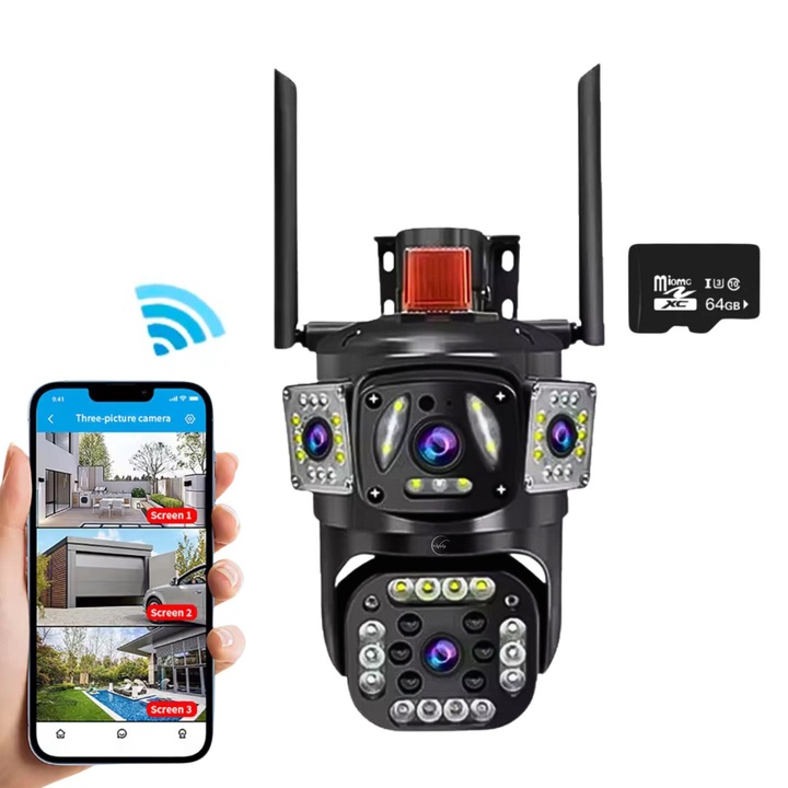 2 az 1-ben megfigyelő kamera, e-Wantay® Vision 355°, Wi-Fi, Full HD, PTZ automatikus követéssel, kétirányú hang, IP66, színes éjszakai látás, hang- és fényriasztás, intelligens mozgásérzékelés, 3 képernyős megfigyelés – 64 GB-os kártya, fekete