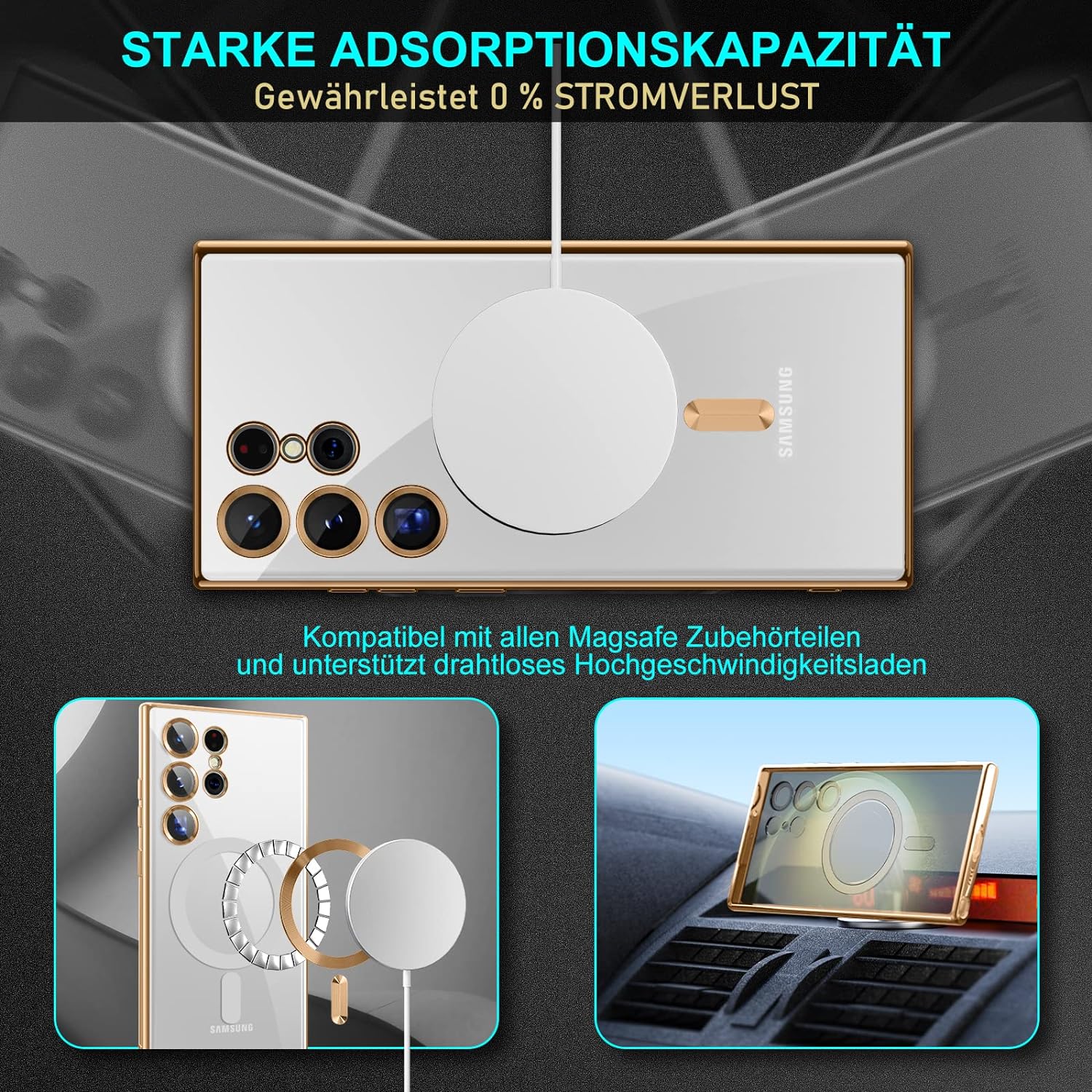 Husa compatibila cu Samsung Galaxy S23 Ultra, ALC MOBILE, pentru telefon mobil cu protectie pentru camera, Tehnologie MagSafe, rezistenta la socuri, contur Gold