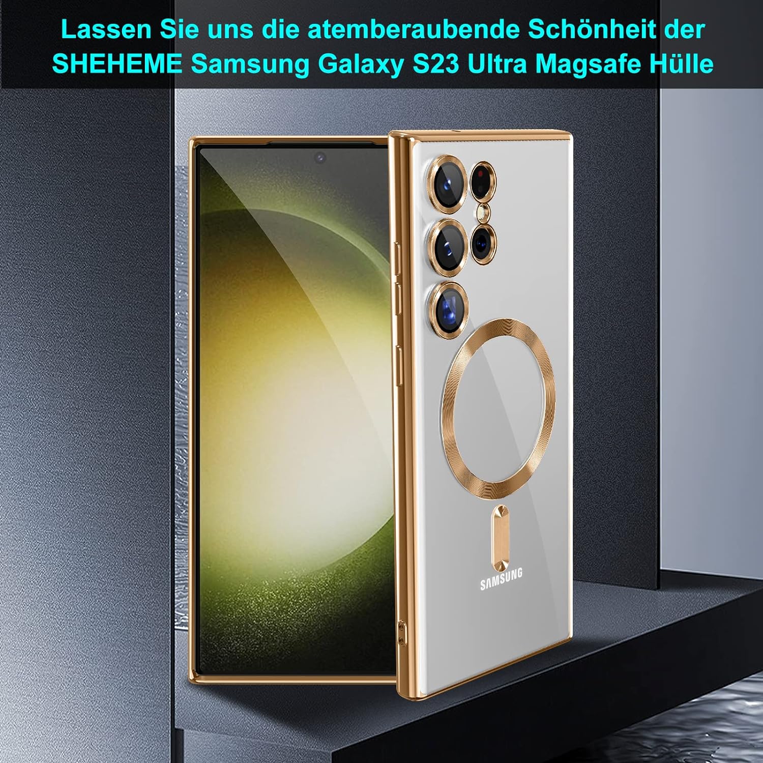 Husa compatibila cu Samsung Galaxy S23 Ultra, ALC MOBILE, pentru telefon mobil cu protectie pentru camera, Tehnologie MagSafe, rezistenta la socuri, contur Gold