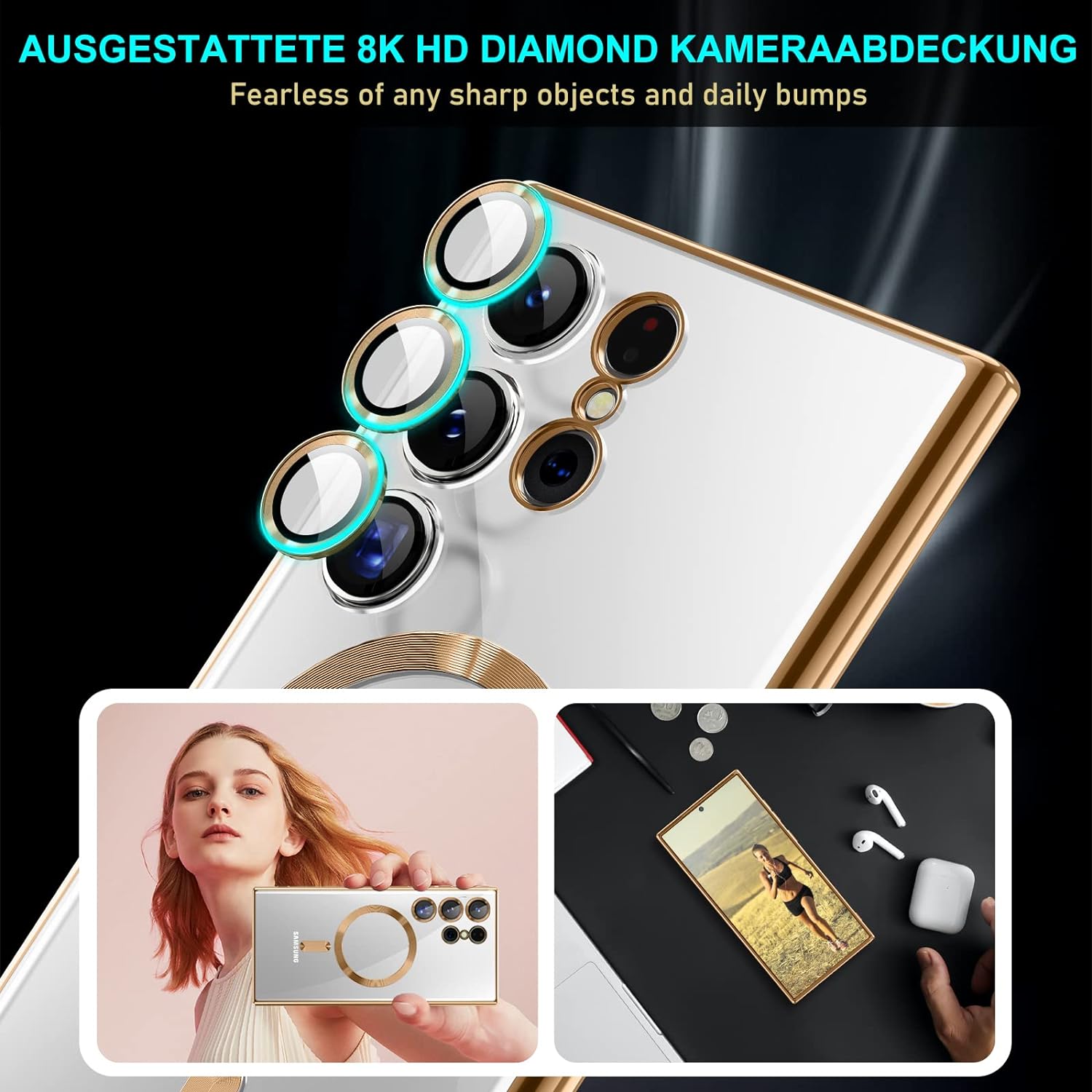 Husa compatibila cu Samsung Galaxy S23 Ultra, ALC MOBILE, pentru telefon mobil cu protectie pentru camera, Tehnologie MagSafe, rezistenta la socuri, contur Gold